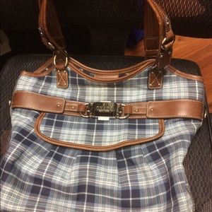 Chaps handbag blue plaid with leather trim